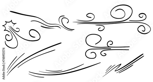 Doodle wind blow, gust design isolated on white background. vector hand drawn illustration