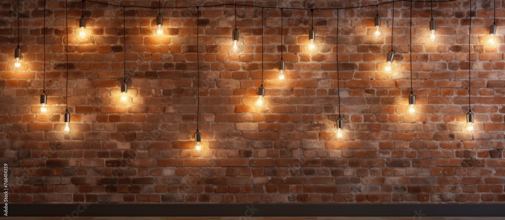 A brown brick wall adorned with strings of amber lights, creating a warm and inviting atmosphere. The symmetrical pattern of the lights contrasts beautifully with the wood flooring
