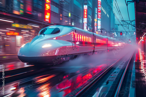 Bullet Train Speeding Through Neon-Lit City at Night with Blurred Motion Effect for Editorial Photography