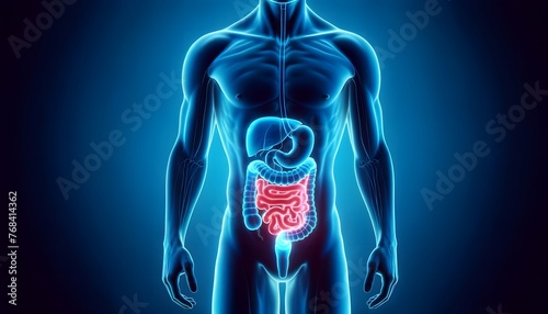 a digital visualization of a human figure with a detailed, glowing red and blue depiction of the digestive system set against a deep blue background. 3d illustration.