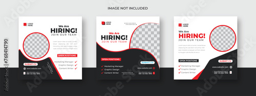 We are hiring job vacancy social media post banner design template .clor black and red. We are hiring job vacancy square web banner design.