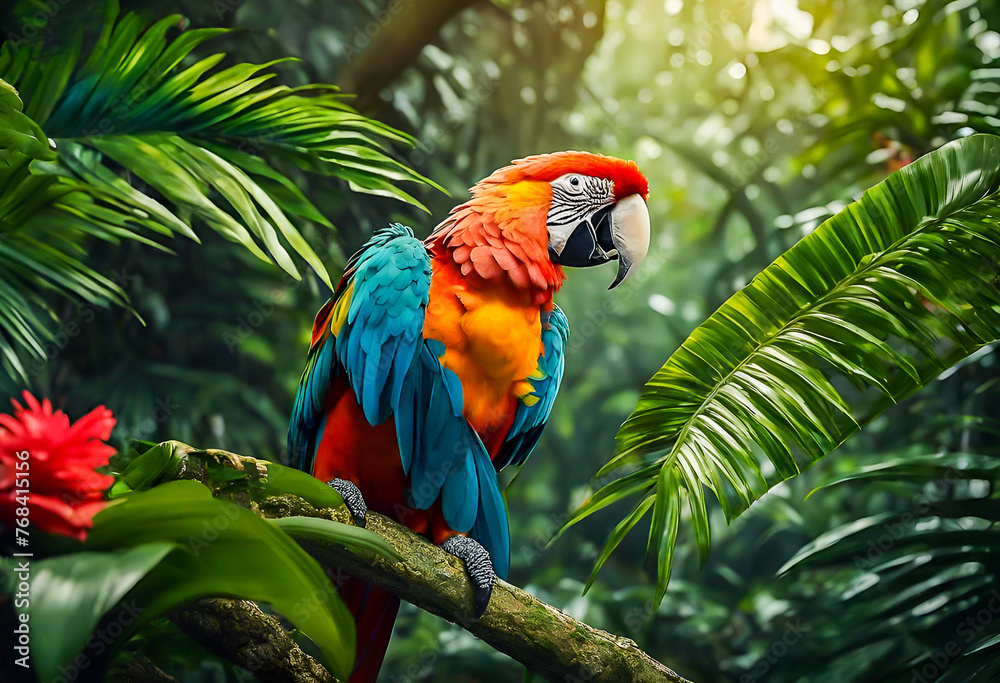 Tropical macaws in vibrant hues perch on a branch amidst lush greenery, showcasing their stunning red, yellow, and green plumage
