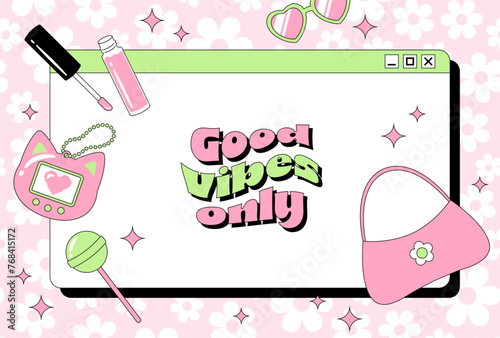 vector background with a set of Y2K or 90s style cute accessories for banners, cards, flyers, social media wallpapers, etc. © mar_mite_