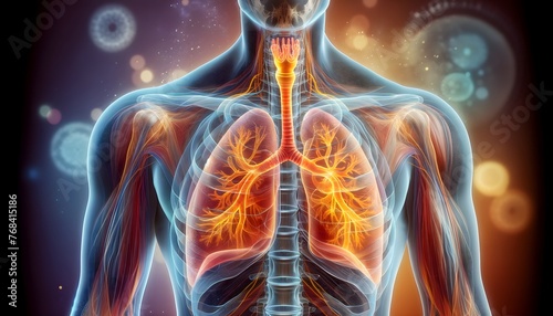 a digitally enhanced, semi-transparent view of a human chest highlighting the bronchial tree within the lungs in vivid orange and yellow, against an artistic background with abstract celestial motifs. photo