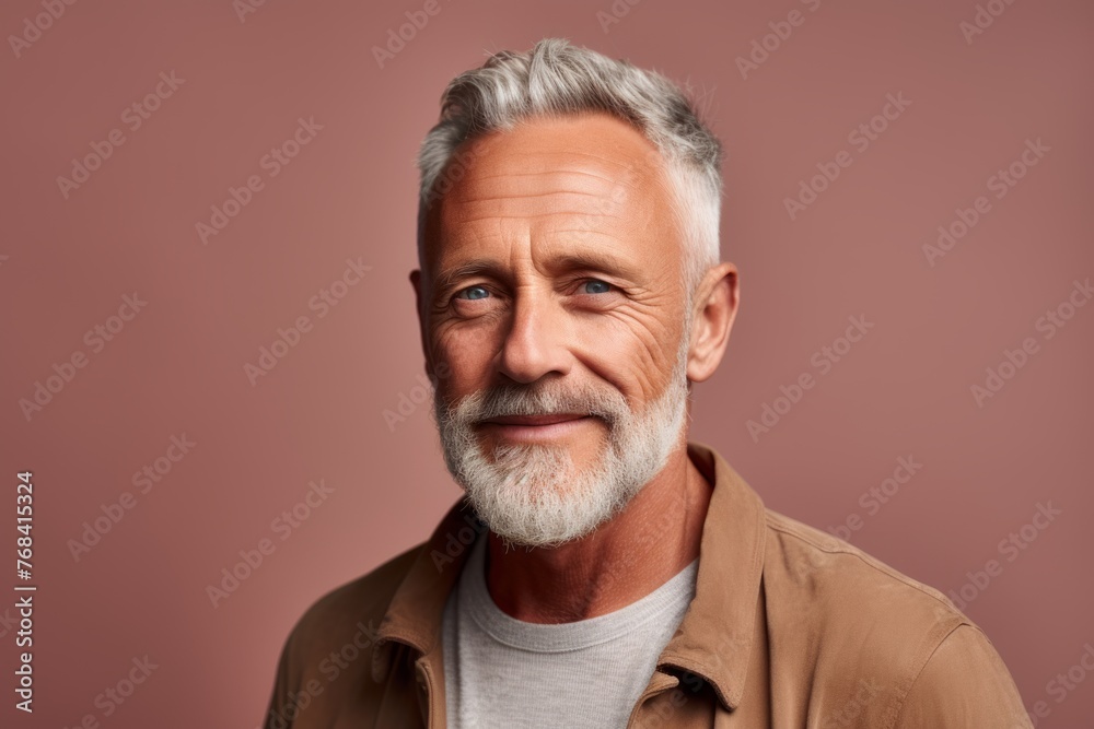 Handsome senior man with grey beard and mustache looking at camera and smiling while standing against pink background Handsome senior man with grey beard and mustache looking at camera and smiling while standing against pink background