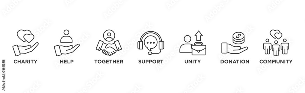 Volunteering banner web icon vector illustration concept for volunteer aid assistant with icon of charity, help, together, support, unity, donation, and community Volunteering banner web icon vector illustration concept for volunteer aid assistant with icon of charity, help, together, support, unity, donation, and community