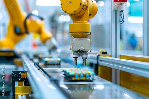 Hightech robotic arms in a modern electronics factory assembling devices on an automated production line. Concept Robotics, Automation, Electronics, Manufacturing, Modern Technology