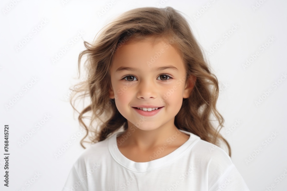Portrait of a smiling little girl with long hair on a white background Portrait of a smiling little girl with long hair on a white background