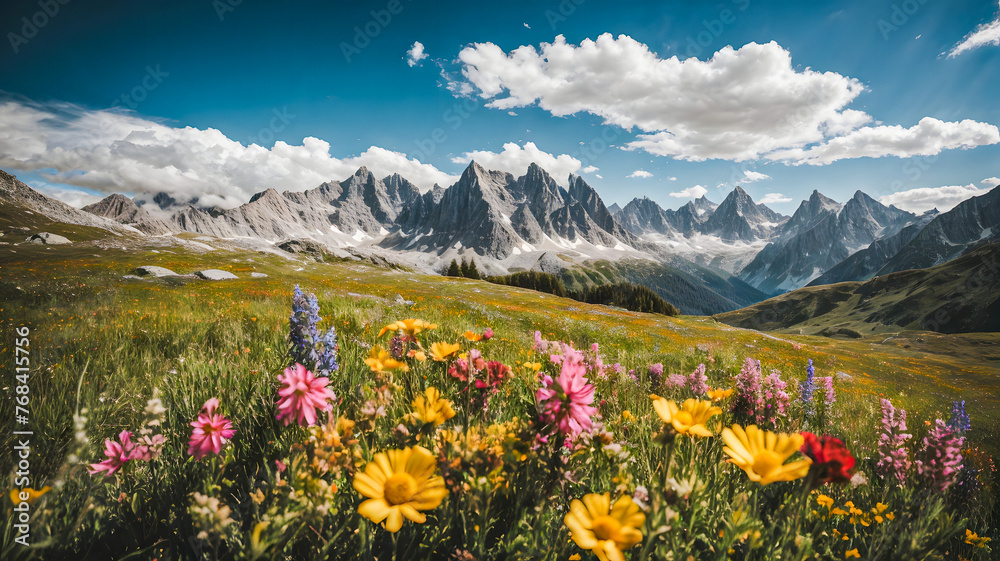 Landscape with ice mountains, green grass and beautiful flowers Landscape with ice mountains, green grass and beautiful flowers