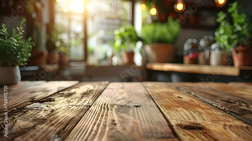 Closeup of Empty Wooden Table with Blurred Farmhouse Kitchen Background for Lifestyle and Home Decor Photography