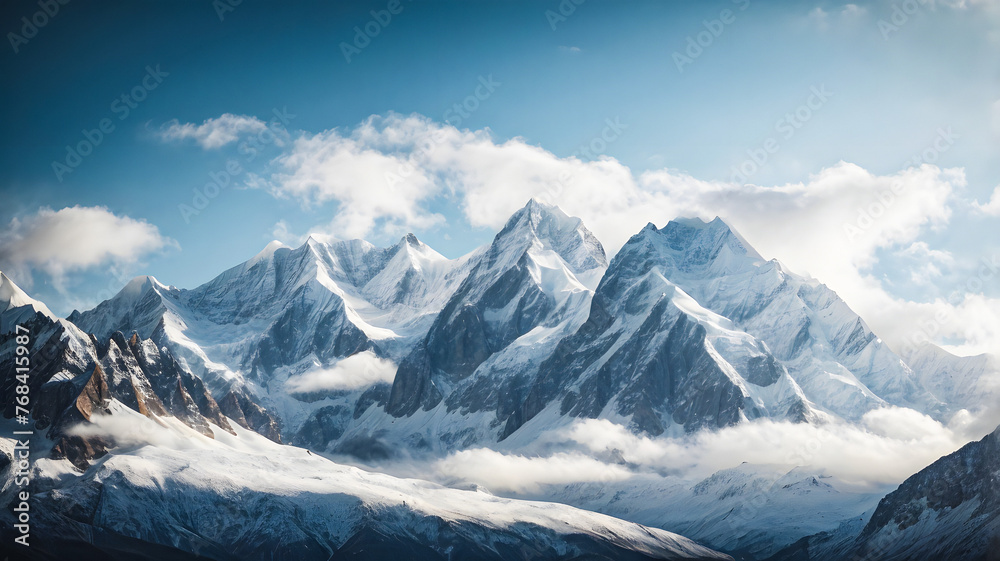 Fototapeta premium Blue mountains covered with snow with blue sky and clouds
