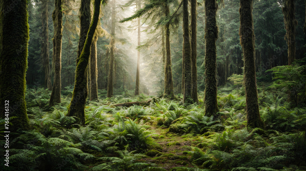 Fototapeta premium Morning in the forest with rays of sunlight coming through trees