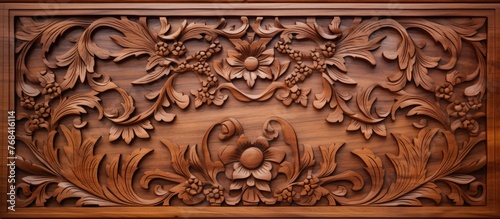 A close up of an intricately carved wooden panel featuring detailed floral patterns and leaves