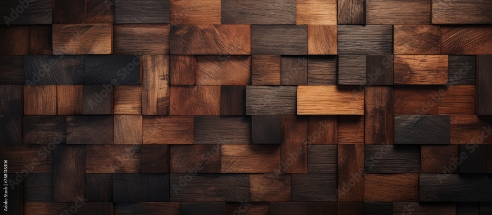 A close up of a brown hardwood wall made of square and rectangle fixtures. The wood stain enhances the natural beauty of the building material A close up of a brown hardwood wall made of square and rectangle fixtures. The wood stain enhances the natural beauty of the building material