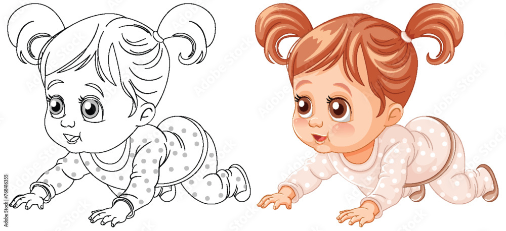 Colorful and outlined versions of a crawling baby girl Colorful and outlined versions of a crawling baby girl