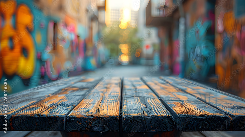 Closeup of Weathered Wooden Table Surface with Vibrant Graffiti-Covered Blurred Background Closeup of Weathered Wooden Table Surface with Vibrant Graffiti-Covered Blurred Background