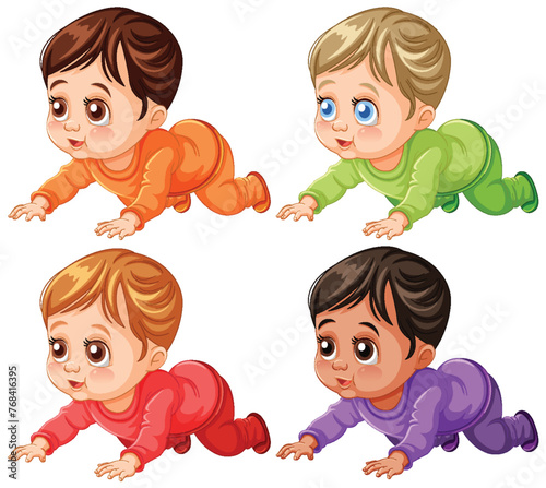 Four cartoon babies crawling in colorful outfits