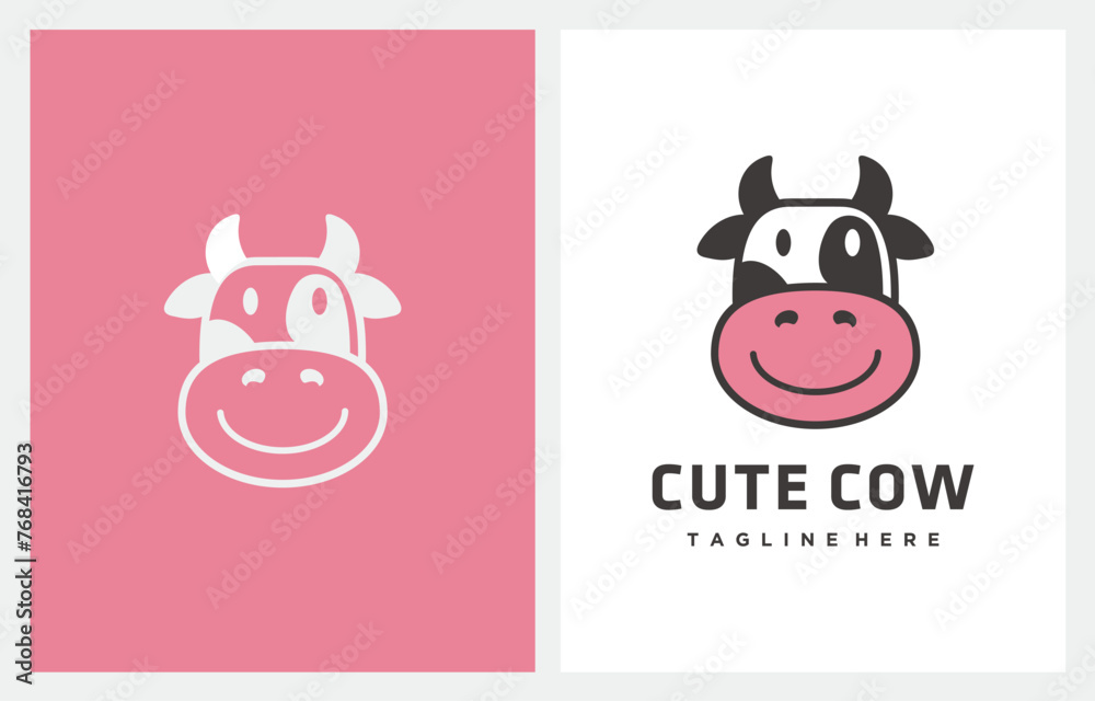 Obraz premium Funny Head and Smile Cow Cartoon, Happy Cow logo design illustration