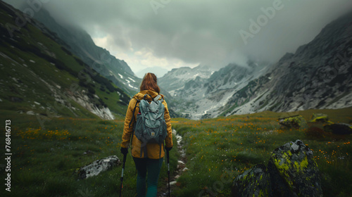 A solo female traveller hiking in the mountains.
