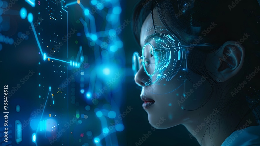 Close-up of a woman interacting with a futuristic holographic interface, symbolizing advanced technology and virtual reality. Futuristic Interface and Woman in Cyber Reality
Close-up of a woman interacting with a futuristic holographic interface, symbolizing advanced technology and virtual reality. Futuristic Interface and Woman in Cyber Reality