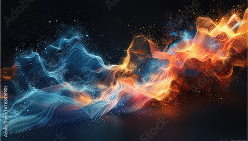 A vibrant and dynamic background featuring swirling patterns of blue  orange  and red flames with subtle hints of stars in the sky. Created with Ai