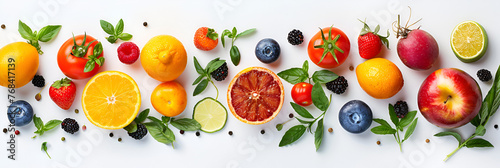 Wide collage of fresh fruits and vegetables for layout isolated on white background. .generative ai 