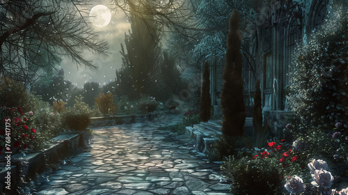 Enchanting night garden with a cobblestone pathway leading to a mysterious manor under the full moon's glow photo