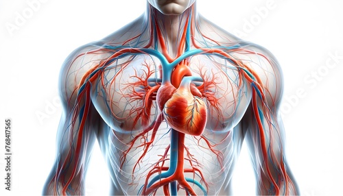 a detailed anatomical illustration of the human cardiovascular system including the heart, major arteries, and veins within a translucent outline of the upper body. 3d illustration.