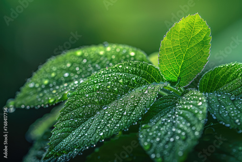 Closeup of green leaves with water droplets, sunlight filtering through the foliage. Created with Ai