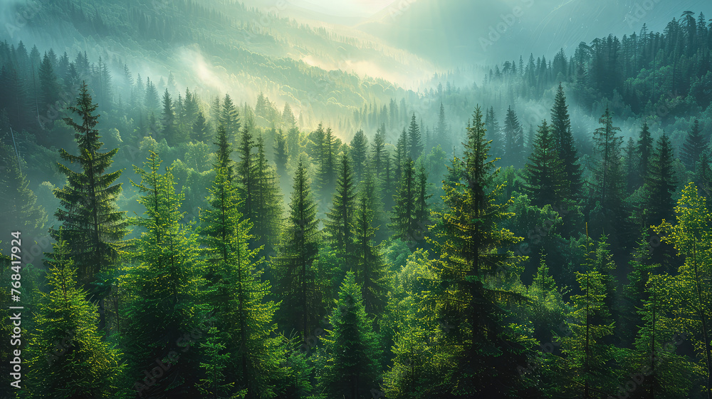 A dense forest of tall pine trees, shrouded in mist with sunlight filtering through the canopy. Created with Ai - obrazy, fototapety, plakaty 