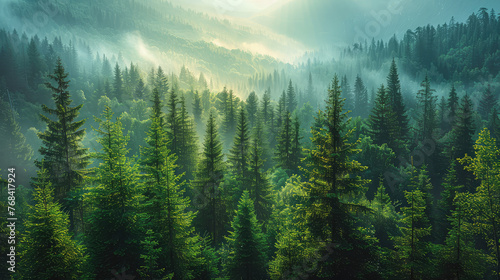 A dense forest of tall pine trees, shrouded in mist with sunlight filtering through the canopy. Created with Ai
