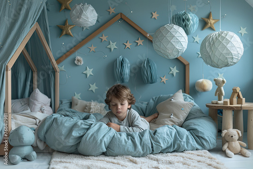 Photo of a boy in his room with pastel blue walls, wooden furniture and soft pillows. The little one is lying on the bed surrounded by plush toys and paper lanterns hanging from above. Created with Ai photo