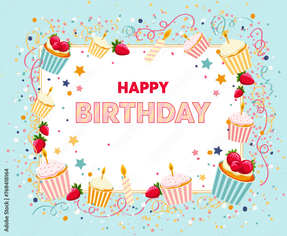 Greeting card template with blue background and white border. Decorated with stars, cupcakes, candles and confetti with doodle style. Pink text Happy Birthday. Vector illustration. Greeting card template with blue background and white border. Decorated with stars, cupcakes, candles and confetti with doodle style. Pink text Happy Birthday. Vector illustration.