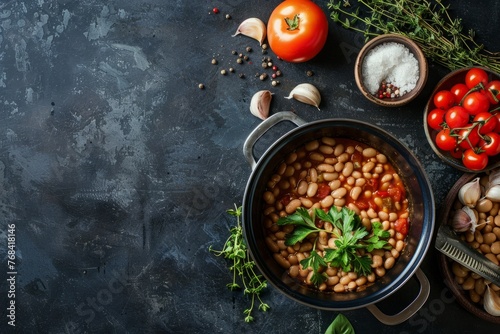A commercial flat lay shot of a casserole pot filled with beans and tomatoes on a wooden table