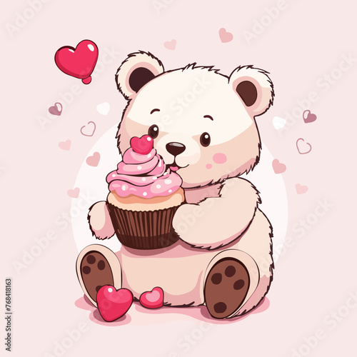 Drawing cute adorable teddy bear holding a cupcake with pink frosting with hearts in background. Vector illustration in cartoon style. Design for greeting card, birthday, poster, flyer, postcard.
