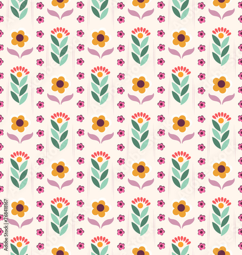 Seamless floral pattern with flowers and leaves in various colors on white background. Minimalistic retro style. Vector illustration
