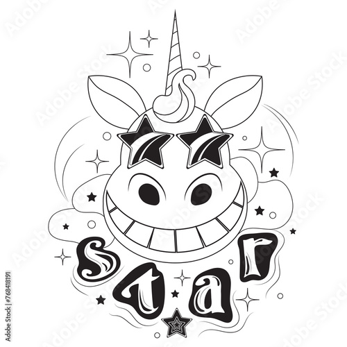 Cheerful happy unicorn wearing sunglasses with stars on his face and the word star underneath. Hand drawn black and white outline drawing. 