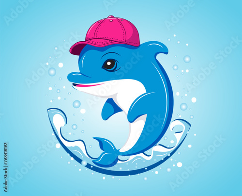 Cartoon cute blue dolphin in red baseball cap jumping out of the water with splashing and air bubbles. Playful design for logo, sticker, label. Vector image