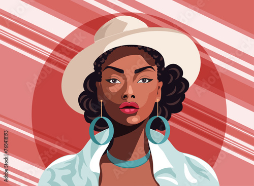 Beautiful stylish woman in white hat and blue necklace earrings standing against red background. Portrait of an African American girl. Vector illustration 