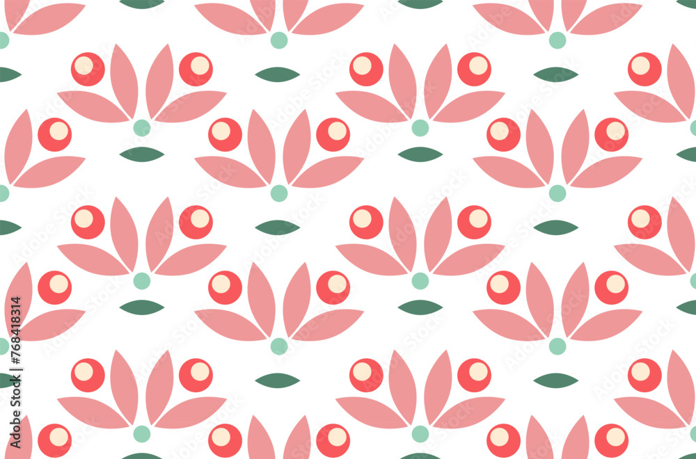 Simple seamless pattern of flowers with pink and green leaves and red berries on white background. Vector Illustration. Design wallpaper, packaging, wrapping paper, greeting card. 