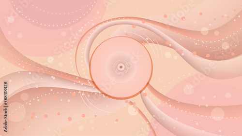 Pink background with a circle in the middle trendy peach fuzz style.  Elegant and dynamic ribbon waves with dots and circles. Design template for poster, banner, wallpaper, cover, presentation.  