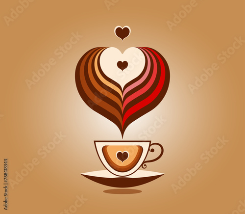 Coffee cup with heart on it and swirls steam in a heart shape on top. Design for coffee shop, menu restaurant, logo. Vector illustration