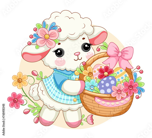 Easter sheep lamb wearing a blue shirt with basket of flowers against a backdrop of green grass. Clipart for greeting card, poster, postcard, birthday, easter. Vector illustration. 