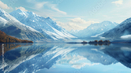 An autumn scene of snow-covered mountains mirrored on the glassy surface of a peaceful lake surrounded by golden foliage