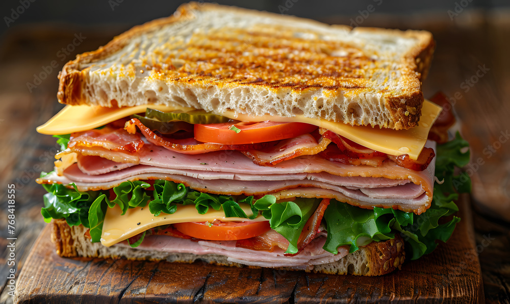 Tasty sandwich with ham or bacon cheese tomatoes lettuce and grain bread delicious club sandwich, Generative AI Tasty sandwich with ham or bacon cheese tomatoes lettuce and grain bread delicious club sandwich, Generative AI