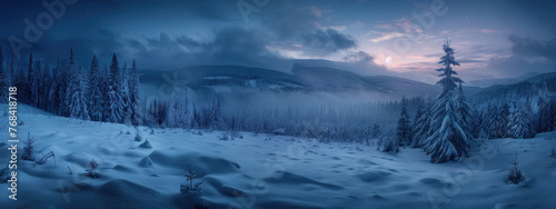 A panoramic view of a beautiful winter landscape featuring snow-covered mountains, a frozen lake, and trees under a sky filled with sun, clouds, and fog, showcasing the season's frost and ice