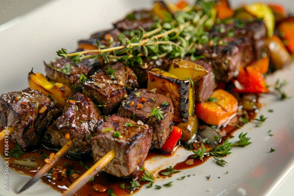A closeup shot of a gourmet plating presentation featuring steak and vegetable skewers on a white plate