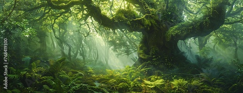 A lush green forest with a giant tree and ferns, perfect for a summer escape Generative AI