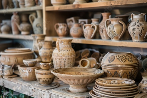 A variety of handcrafted pottery and ceramics displayed on a wooden table shelf © Ilia Nesolenyi