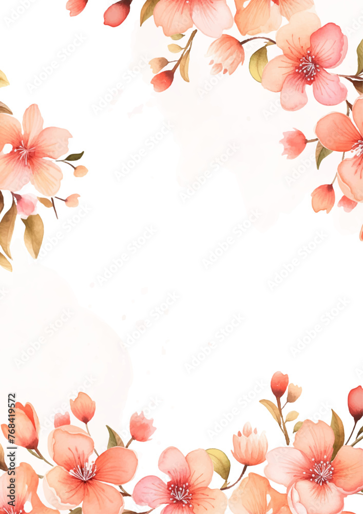 Fototapeta premium Orange and white vector frame with foliage pattern background with flora and flower